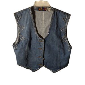 VINTAGE RENO BLUE DENIM STUDDED RHINESTONED WESTERN VEST MED‎